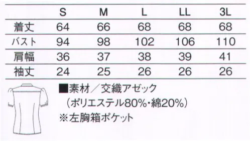 KAZEN 619-10 パフスリーブブラウス このNYはパリに通じている。限りなくシックなのに、限りなくキュート。相反するイメージを両立した、女性スタッフ待望の一着。叶えるのは、パリの街角でも映えそうなパフスリーブ。スタンドカラーと第1ボタンが描く絶妙なVゾーンやウエストラインが、洗練されたキュートを演出する。さらに新素材「アゼック」が、ソフトな肌触りや速乾性も実現。新しい流れは、いつもNew Yorkから。国籍も人種も超えたアーティストやクリエーターが触発し合い、つねに新たなムーブメントが沸き上がる場所、New York。切り取ったのは、その濃密なエナジーと摩天楼が放つ一瞬の「光と陰」。ブランドを一新し、ますます注目されるKAZENから、さらにクール＆モダンな新作モノトーンシリーズ「KAZEN New York」誕生！新たなセンスと創作力で時代を切り開く、気鋭のオーナーやシェフたちへ。交織アゼック体温や室内外温度差に関係なく、常に爽やかな着心地の「新快適」素材です。混率や太さ（番手）の異なる紡績糸を「校倉造」のように立体的に配置することにより、優れた通気性と吸汗・速乾性を実現しました。 サイズ／スペック