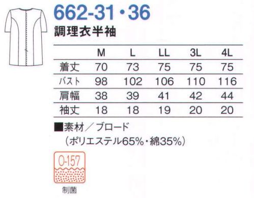 KAZEN 662-36 女子調理衣半袖  サイズ／スペック
