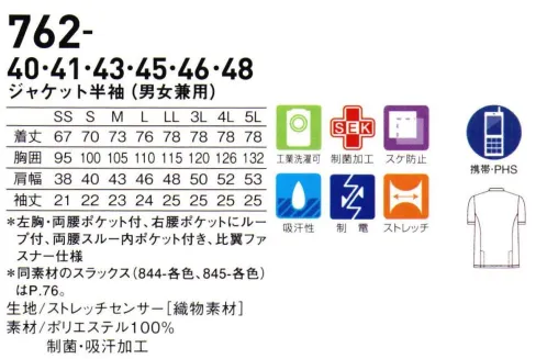 KAZEN 762-40 ジャケット半袖(男女兼用) ストレッチ性や吸汗力など、さらに高機能にリニューアル。さらに動きやすく、機能的になって新登場！シンプルさで人気のケーシーが、素材も新たに登場です。ストレッチ素材で動きやすく、吸汗性や速乾性も向上！右腰にはループも付いて、機能性もアップしました。 サイズ／スペック