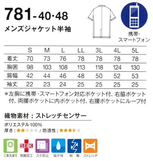 KAZEN 781-40 メンズジャケット半袖 美しいシルエットを生み出しつつ、チームの一体感を演出するデザイン。■形状特長・配色には高級感のあるサテン素材を使用。（ポリエステル100％）・右腰上部にポケット付。右腰ポケットには、ループ付で時計等頻繁に使うものの取り付けが可能。・後ろ裾に、動きやすいセンターベント入り。・底が無く、細いポケット内に埃が溜まらない衛生的なスルーポケットを両腰の内ポケットに。~Elegant~コンセプトは、ファッション分野に切り込む新しいメディカルウェアの確立。安心感・信頼感を与える落ち着いた印象の中に、ファッション性を追求した、新しいスマートスクラブが誕生。現場の想いに応える高い機能性はもちろん、思いやりを映し出す、知的でエレガントなデザインが魅力です。 サイズ／スペック