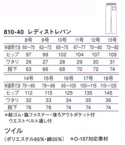 KAZEN 810-40 トレパン（レディス/総ゴム） ウエストにはゴムを使用しているので、嫌なしめつけ感がありません。 サイズ／スペック