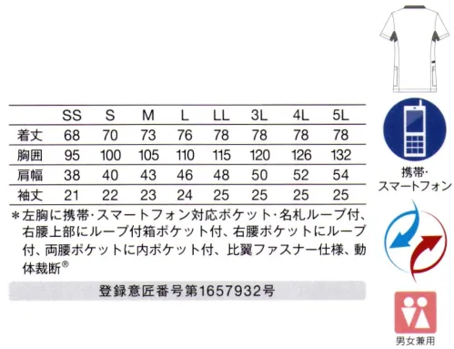 KAZEN 988-18 スクラブジャケット半袖（男女兼用） 人気のデザインに男女兼用が登場。チラ見え配色がクール。■形状特徴・下を向いても中が見えにくい、開きが浅めのV衿。また、足り衿でストラップが直接首元に当たりにくくなっています。・左胸の名札ループは、名札だけでなく、手元を照らすクリップライトの取り付け場所としても最適。・右腰上部の箱ポケット口付属ループは、頻繁に使うものの取り付けや、消毒液ポーチを留めることにも適しています。（特許出願中）（登録意匠番号第1611998号）・従来より大きめに作られた腰ポケットは、聴診器なども出し入れしやすくなりました。・時計等の頻繁に使うものの取り付けや、ポケット内の鍵等の落下防止に適した、右腰ループ付。・底が無く、細いポケット内に埃が溜まらない、衛生的なスルーポケットを両腰の内ポケットに。4D FIT 動体裁断®動体裁断®とは、スポーツウェアで多大な実績を誇る「中澤研究室」の指導のもと、人体・皮膚の解剖分析と衣服理論の相乗化によって衣服の動きやすさを極限まで追求した、立体裁断をも超える画期的な「動体裁断®」衣料設計システムです。「4 DIMENSION MOTION CUTTING SYSTEM®」with LINE®は、このシステムに取り入れることで、筋肉のさまざまな動きにシンクロし、関節の動きや皮膚の伸縮を妨げずに動ける高機能ウェアです。※「4 DIMENSION MOTION CUTTING SYSTEM®」、「動体立体®」は、（有）中澤研究室の登録商法です。 サイズ／スペック