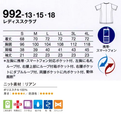 KAZEN 992-13 レディススクラブ メンズとレディス、それぞれのシルエットに合わせたシンプルスクラブ。動きやすさとともに、斜めに入った配色でよりアクティブなイメージに。■形状特長・左胸に切り替え利用のスラップポケット付。名刺ループをつけることで、ポケット口の伸びを防止。名札だけでなく、手元を照らすクリップライトの取り付け場所としても最適。・右腰上部の箱ポケット口付属ループは、頻繁に使うものの取り付けや、消毒液ポーチを留めることにも適しています。・裾丈を前後で段違いにすることで気になる腰周りをカバー。・時計等の頻繁に使うものの取り付けや、ポケット内の鍵等の落下防止に適した、右腰のダブルループ。・底が無く、細いポケット内に埃が溜まらない、衛生的なスルーポケットを両腰の内ポケットに。・衿まわりの裏地を色付きにすることで、ファンデーションなどの汚れが目立ちにくい仕様です。 サイズ／スペック