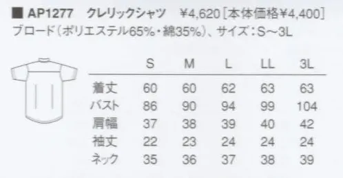 KAZEN AP1277 半袖女子クレリックシャツ  サイズ／スペック