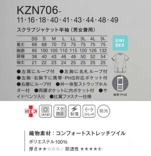 KAZEN KZN706-11 スクラブジャケット半袖（男女兼用） アシンメトリーなボーダーデザインが印象的なNew感覚スクラブジャケット。スマートな雰囲気とクールな印象を兼ね備えたアシンメトリーな配色を魅せるデザイン。柔らかなカーブを描く衿元で、ジェンダーレスな印象に。DETAIL・左胸と右胸下に携帯・PHS対応ポケット付。・時計等の頻繁に使う物の取り付けに適した右腰のループ。・底が無く、細いポケット内に埃が溜まらない、衛生的なスルーポケット。・ゆるいカーブのついた特長的なV字のスタンド衿。ストラップが直接首元に当たりにくくなっています。・左肩に消毒液ポーチや、ストラップを通すことができるループ付。登録意匠番号第1754170号・衿一体型ストラップホルダー。衿後ろのスナップボタンを留めることでストラップが直接首に当たりにくい。また、ボタンを外しフラップとしても使用可能。特許出願中・左胸の名札ループは、名札だけでなく、手元を照らすクリップライトの取り付け場所としても最適。・後ろ両サイドに動きやすいベンツ入り。【BALLONES（バロネス）】一人ひとりを美しく包み込む。多様化の今だからこそ、一人のあなたに最適な着心地を。すべての人が美しく着ることができる服をめざした「BALLONES」。SSから5Lまですべてのサイズをゼロからパターンを作ることで、一人ひとりそれぞれに合う高いフィット感が実現。フランス語で「風船」を意味するブランド名から創造できるように、抜群のストレッチ機能を備えた軽量素材によって、誰もが凛と美しく、そして包み込むようなソフトな着用感を叶えました。 サイズ／スペック