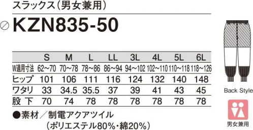 KAZEN KZN835-50 スラックス（男女兼用） F×3シリーズFast Food Factory Seriesファスト・フード・ファストリ―シリーズ食の安全をサポートする仕様と低価格を実現、お客様の声から生まれた食品工場白衣F×3（Fファスト・Fフード・Fファクトリー）ユニフォームは、食の安全をサポートする仕様を備えながら、低価格に抑えた食品工場白衣シリーズです。→ユニフォームに掛かる費用を抑えたい。→激しい洗濯に耐えるものが良い。→長く着用してもくたびれないものが良い。→異物混入防止に配慮した安全仕様は必要。制電アクアツイル素材の異なる長繊維と短繊維を交互に整経し、タテ・ヨコに偏ることなく洗濯後の収縮を抑えた長短特殊整経織物です。吸水速乾性能を備え、優れた耐久性が特長です。 サイズ／スペック