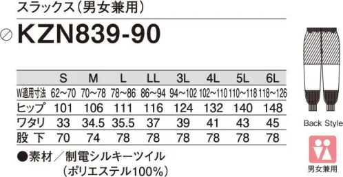 KAZEN KZN839-90 スラックス（男女兼用） F×3シリーズFast Food Factory Seriesファスト・フード・ファストリ―シリーズ食の安全をサポートする仕様と低価格を実現、お客様の声から生まれた食品工場白衣F×3（Fファスト・Fフード・Fファクトリー）ユニフォームは、食の安全をサポートする仕様を備えながら、低価格に抑えた食品工場白衣シリーズです。→ユニフォームに掛かる費用を抑えたい。→長時間着るものなので、軽くて風合いが良いものを着たい。→異物混入防止に配慮した安全仕様は必要。→低発塵性に優れたものが良い。制電シルキーツイル低発塵性と着心地に優れたポリエステル100％の素材です。軽く肌触りに優れたパウダータッチと快適な作業をサポートするストレッチ性能が特長です。 サイズ／スペック