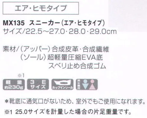 KAZEN MX135 スニーカー（エア・ヒモタイプ） メッシュ素材を採用しスニーカー特有のムレ感を解消！衝撃もソフトに吸収してくれるため、履き心地に優れ、しかも疲れを感じさせません。「トウガード」作業の中で負担のかかる爪先部を補強します。「エアクッション」衝撃吸収力により足への負担を軽減します。「反射鏡」夜間の外出を考慮した安心設計。 サイズ／スペック
