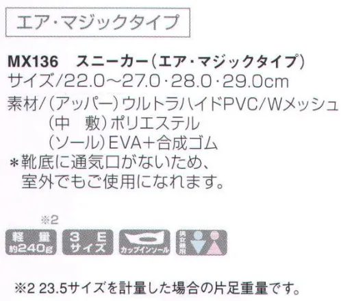 KAZEN MX136 スニーカー（エア・マジックタイプ） 作業の中で負担のかかる爪先部を保護します。両サイドメッシュの採用により、優れた通気性を発揮！衝撃を吸収し、足への負担を軽減。反射鏡付なので夜間時の安心設計。カップインソールの通気穴により足裏の通気性を大きく向上させました。かかと部分の優れたクッション性により疲労度を大幅に軽減します。 サイズ／スペック