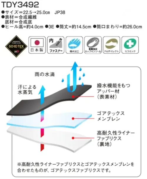 アサヒシューズ AF34923 トップドライ TDY3492 ブロンズPB トップドライ TDY3492 ブロンズPBベーシックで飽きのこないデザインが魅力の、内側ファスナー付きショートブーツ。特徴・「ゴアテックスファブリクス」を採用しており、雨や雪の日でも靴の中を濡らすことなく、ドライで快適な環境を提供します。・安心の日本製（国内生産）・脱ぎ履きがしやすい内ファスナータイプ・撥水加工付き。さらに市販の防水スプレーをご使用いただくと撥水性がアップします。・かかと部に衝撃吸収材を付着したカップインソール（取り外し可能）・底が剥がれにくい「一体成型製法」・耐滑性の高いセラミックソール採用仕様品番:AF34923品名:トップドライ TDY3492カラー:ブロンズPB サイズ／スペック