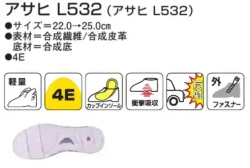 アサヒシューズ KF71331 アサヒ L532（アサヒL532）ベージュ アサヒ L532 ベージュ特徴・軽量設計・かかとを包み込む形状の中敷（取り外し可能）・かかと部に足の負担を和らげる衝撃吸収材を配置・光を反射する素材を使用・脱ぎ履きがしやすい外ファスナー付き仕様品番:KF71331品名:アサヒ L532（アサヒL532）カラー:ベージュ サイズ／スペック