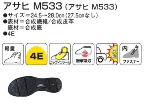 アサヒシューズ KF71341 アサヒ M533（アサヒM533）ブラウン アサヒ M533 ブラウン特徴・軽量設計・かかとを包み込む形状の中敷（取り外し可能）・かかと部に足の負担を和らげる衝撃吸収材を配置・光を反射する素材を使用・脱ぎ履きがしやすい内ファスナー付き仕様品番:KF71341品名:アサヒ M533（アサヒM533）カラー:ブラウン サイズ／スペック