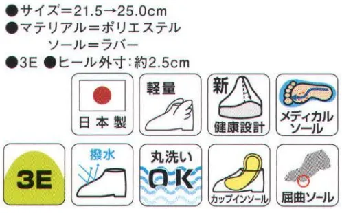 アサヒシューズ L049 快歩主義（KHS L049) 撥水加工つきなので雨の日も気にせずおでかけできます。【足に優しい5つのポイント】【1】体重移動をコントロールして、歩行をサポート。ソールの内側を2ｍｍ高くすることで内側への傾斜をつくり、足の動きをコントロール。 親指の付け根部分に1ｍｍのくぼみを設計。足が本来もつ安定性、衝撃吸収力をサポートします。【2】水に浮くほど軽い。靴底に、超軽量のエクスパンセル配合ラバーを使い、足の負担を軽減しました。【3】つまずきにくく安心。 つま先を20mm、踵を12mm巻き上げつまずきを防止。着地や蹴り出しがスムーズに行えます。【4】脱ぎ履き簡単。靴の上部には大きく開く面ファスナーを使い、脱ぐことも履くこともカンタンです。 【5】安心・安全の国内生産。すべての「快歩主義」は日本製です。自社久留米工場で、入念な品質管理を行っています。 ■足囲（ワイズ） EEE（3E） ■【日本製】 ■長時間歩いても疲れにくい軽量設計。 ■ソールの外側を2ｍｍ高くすることで内側への傾斜をつくり、足の動きをコントロール。 ■ひざの負担を軽減し、理想的な体重移動をサポートする「フットオンコントローラーシステム」を採用。 ■丸洗いOK！水に浸けて丸洗いができるので、靴や足を清潔に保て、長くご愛用いただけます。 ■かかと部を包む形状のインソール（中敷）。取り外しできるので靴内を清潔に保てます。■靴底にフレックスラインを配置することでなめらかな屈曲を促進し、歩行しやすく疲れにくい設計。  サイズ／スペック