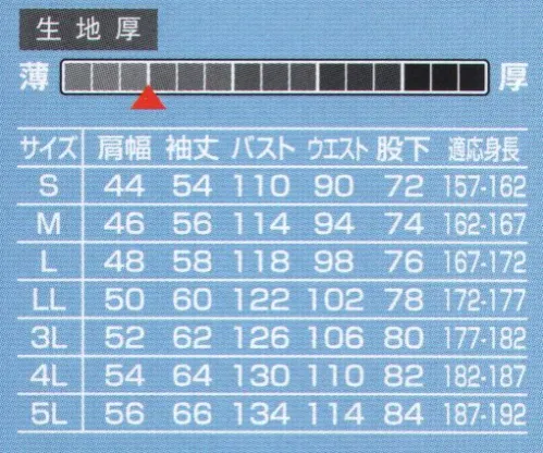 山田辰 1-1170 つなぎ服 風を通す涼感素材シキボウ「クールボディ®」を採用した最新型クールユニフォーム＃1-1170が新登場。シキボウ「クールボディ®」は通気度が高く、動くたびに風が通り涼しく過ごせる優れたQ-MAX値の接触冷感性を追求したクールな素材。そのシキボウ「クールボディ®」を採用した新涼感ユニフォーム＃1-1170が半袖の＃1-1070に続いて今季新登場。暑い季節にピッタリのオススメの一着です。■形状特長・センターファスナーにはブルーのカラーラインが組み込まれており、ファスナーを開いても閉じても見えるブルーのラインがユニフォームをクールに彩ります。・腰部にはウエストのサイズを自由に調節できる大型マジックテープを採用。・左右胸ポケットは野帳も余裕で入るマチ付きの大型ポケットとペンなどの小物の収納に便利なミニポケットのダブルタイプ。さらに右胸にはファスナータイプのポケットがあり携帯電話などの収納に便利です。・背面にはノーフォークを採用。。腕の引きつりを低減します。・袖口は大型のマジックテープ採用で、自由にサイズを調節できます。 サイズ／スペック