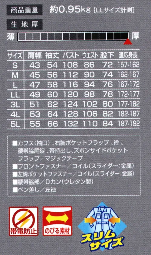 山田辰 1-2850 つなぎ服（2850） 大人気のスマートなスチルがワークシーンに輝きを放つシルエットデザインと機能性が融合した最新つなぎ服が今季ラインナップ！今人気を集める細身のシルエットにこだわった＃1-2855に待望の秋冬タイプ最新つなぎ服＃1-2850が今季デビュー。大容量でありながらポケットの大きさを感じさせないシンプルなデザインは細身のスタイルにさりげなくとけ込み、ユニフォームをスッキリと魅せることに成功。そして快適なストレッチ素材を採用し作業時の動きやすさにもこだわった一着です。デザインと機能性が融合したスマートユニフォーム＃1-2850は今季注目の一着です。軽い！伸びる！動きやすい！身体の動きについてくる快適ストレッチファブリック！【Lightfix®】ライフフィックス®は特殊仮撚技術を使用したポリエステル加工糸と高度な生地設計との組み合わせによって、適度なストレッチ性とストレッチパック性を発現することができる高機能素材です。ライトフィックス®は加工時に熱を与えることで大きく捲縮が発現し、バネのようなストレッチ性を発揮します。 サイズ／スペック