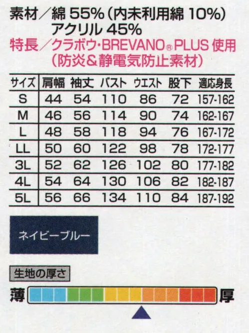 山田辰 5101 つなぎ服（防炎） 高レベルな防炎性を持つツヅキ服。優れた防炎・帯電防止機能を持つ素材「ブレバノ・プラス」を採用した新タイプのツヅキ服5101が今季新登場！吸汗性や耐洗濯性に優れているだけでなく、数々の燃焼テストにより実証されたその防炎性は他の一般合成繊維の追随を許しません。さらにコットンの優しい着用感で快適性も抜群です。安全性と快適性を高レベルで実現した5101は新時代の防炎ユニフォームです。【クラボウ BREVANO】クラボウ「ブレバノ・プラス」は、アクリル系難燃性繊維「プロテックス」を混紡することにより、素材自体が防炎性能を持つ素材です。また、導電性繊維を織り込み、静電気帯電防止性能も備えました。さらに、コットンの優しい着心地もそのまま残していますので、火や熱を扱う労働環境において優れた安全性と快適性を実現します。5101には防炎素材のBREVANOを使用している証明として、左袖に織りネームが付いています。 サイズ／スペック