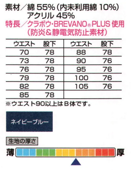 山田辰 5301 防炎パンツ 安全性と快適性に優れた上下服。安全性と快適性の両立を実現した防炎素材「ブレバノ・プラス」を採用した防炎ジャンパー5201と防炎パンツ5301が熱いご要望にお応えしてついに登場！コットンが持つ優しい素材感に非溶融性、帯電防止性等を兼ね備えた理想に近いユニフォームに仕上がりました。高い防炎性を持っていますので、火や熱を扱うハードな作業環境に最適なセパレートタイプの新防炎ユニフォームです。【クラボウ BREVANO】クラボウ「ブレバノ・プラス」は、アクリル系難燃性繊維「プロテックス」を混紡することにより、素材自体が防炎性能を持つ素材です。また、導電性繊維を織り込み、静電気帯電防止性能も備えました。さらに、コットンの優しい着心地もそのまま残していますので、火や熱を扱う労働環境において優れた安全性と快適性を実現します。5101には防炎素材のBREVANOを使用している証明として、左袖に織りネームが付いています。 サイズ／スペック