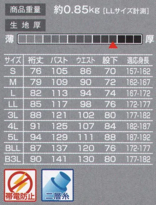 山田辰 5400-1 ツヅキ服（5400） 機能満載、豊富なサイズとカラー。【TWOACE】ツーエースは、芯のポリエステル短繊維の表面をコットンで包み込んだ、二重構造糸を使用した高級素材です。コットンがまわりを包んでいる為肌触りが優しく、引っ張りや摩耗にも強くて、洗濯しても型崩れしにくく、綿100％と比べても乾きが早くなっています。 サイズ／スペック