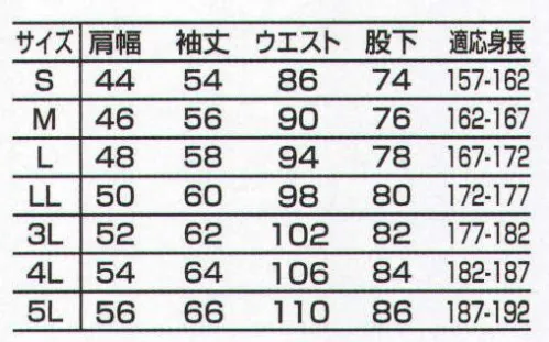 山田辰 5502 ツヅキ服(1-5502) 立体裁断で腕の動きがスムーズに。 ■ノンプル:静止時はもちろん、運動によっても美しいシルエットを保ち、しかも自由な運動機能性を持つワークウェア・ノンプル。人間工学の側面から運動を阻害する衣服の引きつれ現象を考察するとともに、従来の伸縮性素材にあった、摩擦という圧力の問題にも着目して研究。その結果、前と後ろの布地のほかに、一枚の布でカッティングした第3の布地「わき身ごろ」を、脇の裾から袖口部までに取り付けるという、常識をくつがえす発想が生まれました。これにより三次元構造、立体裁断の原理が確立し、脇の下のつっぱりが少なくなり、また特殊縫製を施すことで腕の動きが360度フリーになった為、心地よく仕事に取り組み事ができます。自由な運動性に優れ、しかも美しいシルエットを保つ・・・相反するふたつの要素を同時に満足させるワークウェア、それがノンプルです。 サイズ／スペック