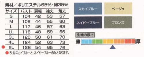 山田辰 600-1 ジャンパー（ボタン式）スカイブルー(2-600)  サイズ表