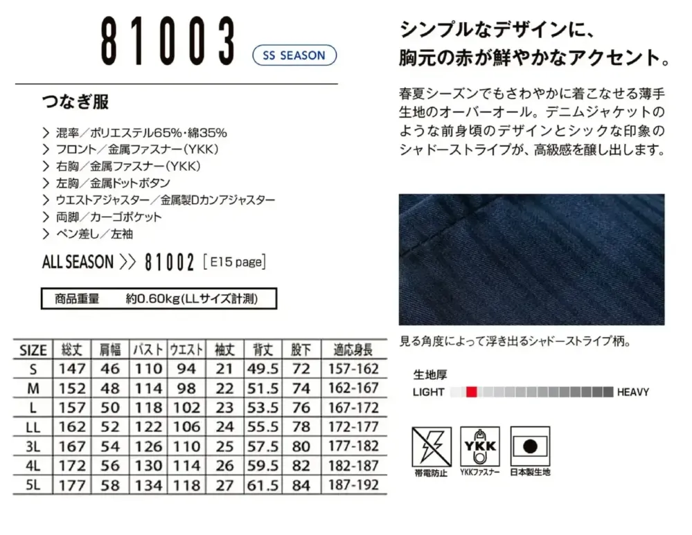 山田辰 81003 つなぎ服（半袖）（81003） サイズ・スペック