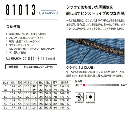 山田辰 81013 つなぎ服（半袖）（81013） サイズ／スペック