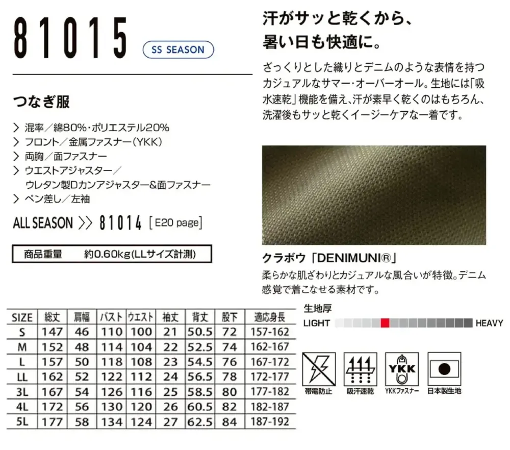 山田辰 81015 つなぎ服（半袖）（81015） サイズ・スペック