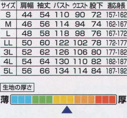 山田辰 8410 ツヅキ服(1-8410) 3D構造の生地による抜群の通気性を実現。独特の撚り技法により今までの通気性を越えるシャミラン3Dを使用したニュースタイルが今季新登場。3D構造による抜群の通気性はユニフォーム内のムレを軽減し、これからの暑い季節のワーキングにぴったりです。そしてスタイルは、衿と袖部分にはアクセントになる新鮮なデザインのカラーライン。胸ポケットには今までになかった2つのフラップが重なったように見えるユニークなデザインを採用し、縦に入ったカラーラインと共にインパクト抜群です。胸ポケットと袖部分は使いやすいドットボタンで機能性を高めています。カラーは爽やかで人気の3色をご用意。今季オススメのクールユニフォームで抜群の通気性の良さをご体感ください。 サイズ／スペック