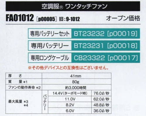 山田辰 P00005 空調服 ワンタッチファン（FA01012） 最大風量76L/秒※1さらなる高効率・長寿命・薄型・軽量を実現！■最大風量76L/秒！※1 ターボモード※2 対応ファン統合モーターメーカーである日本電産株式会社と(株)セフト研究所が共同開発した、ブラシレスモーターを採用。薄型・軽量でありながら、大風量・高効率・寿命命を実現。■新型プロペラ流体解析に基づき、最良な形状のプロペラを開発。径を約4％アップし、大風量、高効率を実現しました。■有機的なフォルムのフィンガーガードフィンガーガードは、本製品の特性である高回転・大風量を実現し、有機的な美しいフォルムで、スタイリッシュに仕上げました。■薄型・軽量ブラシレスの採用により、41mmの薄さと、当社ファンの中でも最も軽い80gを実現しました。■多彩なカラーバリエーション多様なニーズに合わせたカラーバリエーション。ブラック、グレー、チャコールグレー、レッドの使いやすい4色展開です。■取り付け簡単ユニフォームへの取り付け時に、はめ込む位置がわかりやすいガイド付き。■プラグ抜け軽減楕円形のプラグ差込口のため、着用時にケーブルが回転せず、不用意にプラグが抜けることを防ぎます。※1 14.4V使用時、ファン2個の値。※2 ターボモードとは、14.4Vで5分間動作し、その後10.5Vへ自動移行するモードです。再度、ターボモードをご使用時になる際には30分間のインターバルが必要です。バッテリー残量「6」以上の時のみ使用可能です。バッテリー、ケーブルは別売りです。【専用バッテリーセット】p00019（BT23232）【専用バッテリー】p00018（BT23231）【専用ロングケーブル】p00017（CB23322）※その他デバイスとの互換性はございません。旧品番は「9-1012」です。※「空調服」は、(株)セフト研究所・(株)空調服の特許及び技術を使用しています。※「空調服」は、(株)セフト研究所・(株)空調服のファン付きウェア、その付属品、及びこれらを示すブランドです。※「空調服」は、(株)セフト研究所・(株)空調服の商標です。※この商品はご注文後のキャンセル、返品及び交換は出来ませんのでご注意下さい。※なお、この商品のお支払方法は、先振込（代金引換以外）にて承り、ご入金確認後の手配となります。 サイズ／スペック