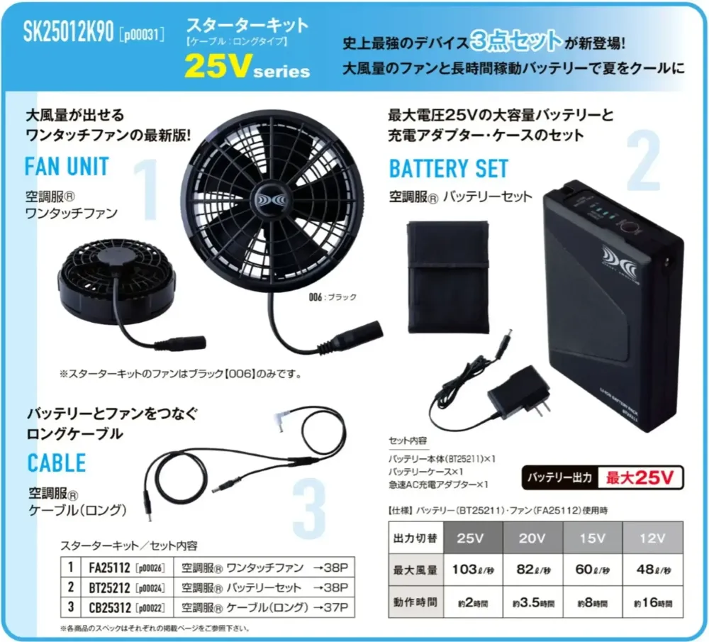 山田辰 P00031 空調服 スターターキット（SK25012K90）P00031 サイズ・スペック