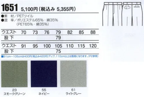 ビッグボーン 1651 ツータックパンツ 丈夫な素材でハードワークに威力を発揮。ペットボトルからリサイクルした素材とコットンの組み合わせ。 サイズ／スペック