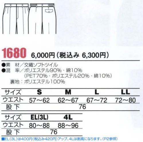 ビッグボーン 1680 ツータックパンツ バックプリーツの採用で肩と腕のツッパリ感を解消。静電気防止素材だから精密機械の扱いにも最適です。 サイズ／スペック