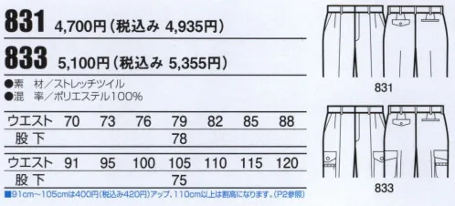 ビッグボーン 831 ツータックパンツ ストレッチ素材だから動きやすさは抜群。さらに静電気帯電防止で乾燥した環境でも安心して作業できます。 サイズ／スペック