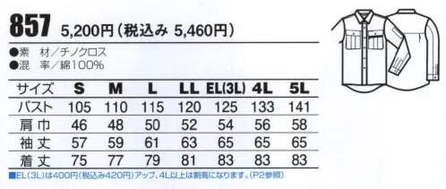 ビッグボーン 857 長袖シャツ(厚手) 肘のツッパリ感を解消した「2枚袖ダーツ」。さらにチノクロス素材の上品な光沢感。綿100％だから感じられるさわやかな感触。 サイズ／スペック