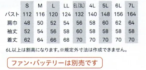 ビッグボーン BK6237F フルハーネス用長袖ジャケット（ファン・バッテリー別売） フルハーネス対応。帯電防止素材で高所作業も快適に。●クイックフリーファスナー負荷が掛かると分離する前合わせファスナーで宙吊り状態での危険を回避し安全。●ランヤードの取り出しがスムーズ間口を広くし、筒を短くすることでランヤードの取り出しがスムーズ。【空調風神服®】猛暑の中でも爽快に風をまとう！ハードな現場や工場、アウトドアやレジャー、日常のシーンでも活躍するラインナップ。※ファン+バッテリーは別売りとなります。※取扱いのご注意・炎天下の車内等（高温の場所）に放置しないよう、ご注意ください。・羽が折れる可能性がある為、エアーガンによるファンの清掃は行わないでください。・専用バッテリー以外は使用しないでください。故障や事故の原因になります。・他メーカーのファン・バッテリーでのご使用については、その性能や安全性を損なう恐れがあり、事故等が発生した際に、責任を負いかねます。空調風神服®のご使用については、専用の服・専用のファン・専用のバッテリーでの、ご使用をお願いします。※火を使う場所や火花が飛ぶ場所で使用される場合は、「空調風神服®ご使用上のご注意」をお読みください。 サイズ／スペック