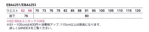 ビッグボーン EBA6251 ノータックパンツ ◎ワークシーンの定番、ポリエステルと綿の耐久ストレッチ素材◎緯糸に特殊仮撚り技術による熱を加えると､バネのように伸縮性が生まれるクラボウ品質のRENURRサマーストレッチツイル◎新設計のEZラグランアームで腕の動きをサポート、前後上下の動きに対し抜群の動きやすさとつっぱり感を軽減◎JIST8118規格適合の製品制電。衣類の静電気を外部へ出すよう、生地に導電繊維を織り込み、ファスナー・ボタンも樹脂素材を使用◎豊富な収納ポケットと反射素材付き◎ウエストストレッチ、テーパードシルエットパンツ62・66ははユニセックス対応 サイズ／スペック