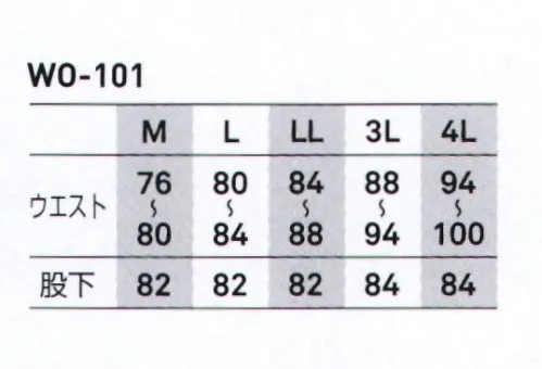 ビッグボーン WO-101 ワークパンツ スタイリッシュなデザイン、快適ストレッチパンツ。立体裁断がされたパンツはワタリを大きめにし、後ろの股上を調整する事で、座ってもウエストが下がりにくく、デスクワークや自転車での通勤などにも快適。◎ファスナー付き（モバイル）ポケット立体裁断が施されたパンツのポケットにはファスナーがあり、自由な動きの中でも大切なものを落としません。◎洗える・動きやすい・ストレッチ素材仕事で着た服は毎日洗いたい。密を避けて、自転車で移動する。そんなビジネスマンのニーズに応えた、洗濯機で丸洗い出来るストレッチ素材を採用。◎撥水機能表生地の撥水機能が、急な雨だけでなく、飲み物をこぼした場合にも汚れを防ぎます。オンとオフをシームレスに着こなし、新しい日常を創ってゆく〇ワークスーツをアップデートする地球温暖化で上り続ける気温、エアコンディショナから吐き出る冷気、気温差、室外機から吐き出される温風、ゲリラ豪雨、観測史上を更新し続ける嵐、突然のドカ雪、挙句のはてにはウイルスの驚異にさらされ、密を避けて、寒気を重んじる。ホワイトカラーと呼ばれる僕らの職場環境は、日々過酷さを増してきている。しかし、逆に求められるのは、さらなる作業効率の向上。あらゆる環境下でも能力を最大限に発揮させる工夫。今こそ戦闘服（ワークスーツ）をアップデートする時がきた。撥水機能が、急な雨を防ぎ、スポーツウェアレベルのストレッチ性、立体裁断されたパンツ。ムリ、ムダを省いて快適性を追い求めるのが、ファッション性やフォルムには妥協しない。次世代ビジネススーツ・W09プロジェクトが今、スタートする。〇一般的なスーツとの違いは？・表生地の撥水機能が、急な雨だけではなく、飲み物をこぼした場合にも汚れを防ぎます。・スポーツウェアレベルの高いストレッチ性が、肩、ひじ、脇、腰に作用し、様々なビジネスシーンで快適性を発揮します。電車通勤で吊革につかまる動作も、自電車通勤でハンドルやペダルに手足を伸ばす動作も自在に対応。・立体裁断が施されたパンツにはファスナー付きポケットがあり、自由な動きの中でも大切なものを落としません。（モバイルポケット）・ウイルス対策としてマスクなどの収納を想定した多機能ポケット。・一般的なテーラードスーツにはないイージーケアを実現。着用後には洗濯機で丸洗い、速乾素材なので一晩で乾き、ヘビーローテーションでご利用いただけます。〇体にフィットするのは何故？・厳選したスーツ専用工場で袖や肩などにいせ込みを入れた立体裁断により、首まわりや肩のフィット感を出しました。フォーマルなシーンでも着用いただけます。・伸長回復率が高く、パンツの膝抜けなど、劣化しにくい耐久性も魅力。・パンツのワタリを大きめにし、後ろの股上を調整する事で、座ってもウエストが下がりにくく、デスクワークや自転車での通勤なども快適。・主な着用シーンは？・ハードワークが求められる作業現場でも、通勤や冠婚葬祭でもご利用いただけます。・上下ともに単品利用できる着回し力の高さも魅力のセットアップスーツ。・冬場を除く3シーズンに対応。冬場は防寒インナーを着用することで通年でご利用いただけます。・暑い夏場は、丸めてバックに収納、バックから取り出して素早くオンビジネススタイルに。※「S」、「5L」は販売を終了致しました。 サイズ／スペック