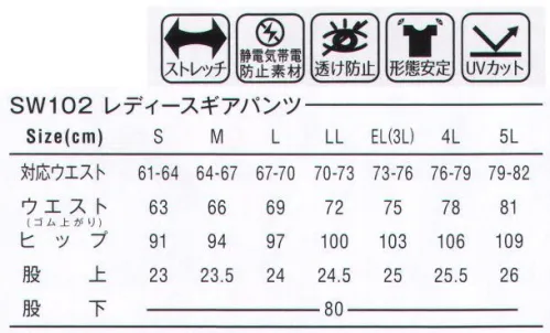 SWW SW102 レディースギアパンツ これまでのワークパンツにはないやわらかな風合い。素材のストレッチ性を十分に活かし、スマートながらもアクティブな着心地を追及。ソフトタッチの東レ・アルテーヌを素材に採用。軽くて動きやすさが魅力の2スタイルをラインアップ。アウトポケット後ろポケットは一見ユニークに見える角度のついたデザイン。ポケットステッチを縫い合わせにかけ、強度とデザイン性を実現。細かなところにもこだわっています。カッティングヒップラインのストレッチ性を考えて、脇線より前にした立体パターン。屈んだ時などに伸縮性が活きます。膝切り替えし膝を曲げたときに突っ張らないよう、膝に切り替えしを採用。東レ Alteene®使用東レ アルテーヌ®は、特殊な無機質微粒子を含有するしっとりとした風合いとマットな色感を持つ上品な防透け素材です。同時に緯糸に特殊な仮撚り方法のストレッチ原糸を使用することで、身体の動きについてくる快適なストレッチ性を実感していただける高級感のある素材です。 サイズ／スペック