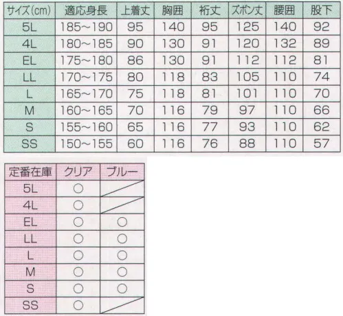 冨士ビニール工業 1500 レインストーリー1500(上下セット) 【ジャケット】袖口は二重袖加工。雨ヨケ。アウトポケット。背抜き無し。フード着脱可。透明ビニール庇。【ズボン】腰ゴム絞り。空気抜き穴付き。※ブルーは、SS・4L・5Lサイズはありません。※この商品はご注文後のキャンセル、返品及び交換は出来ませんのでご注意下さい。※なお、この商品のお支払方法は、先振込（代金引換以外）にて承り、ご入金確認後の手配となります。 サイズ／スペック
