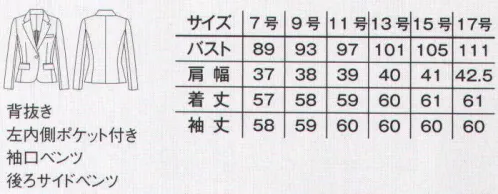 ボンマックス FJ0305L レディスストレッチジャケット ALBA SERIESリーズナブルながらも見た目と着心地の良さを両立。●すぐに物が出し入れできる便利な胸ポケット付き。●左右の裾にはポケットが付いているので便利。●左袖内側に名刺などが入るチケットポケット付き。●社章やバッジなどの装着に便利なラペル穴。●裏地は背抜き仕立てで、通気性が良く快適な着心地。●インカムのコードも邪魔にならないサイドベンツ仕様。●袖口はスリット仕様なので折り返しても着られます。【Fabric】耐久性とストレッチ性に優れたポリエステルを使用した生地。さらっとした肌触りでポリエステルとは思えない豊かな風合いが魅力。シワになりにくくイージーケアにも優れています。 サイズ／スペック