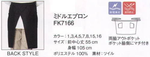 ボンマックス FK7166 ミドルエプロン 色アセを防止するフェードガードClエプロンに新作が登場！漂白剤から衣類を守る「フェードガードCl」機能付きエプロンを全8色でNEWラインアップ。色や小物でコーディネートの幅がさらに広がります。フェードガードClの性能―漂白剤による退色を防止する性能―フェードガードClは、ポリエステル100％に対する漂白剤による退色を防止する加工で、漂白剤をはじく効果と付着による退色を防止するダブル効果により、衣類の色アセを防止する加工です。※フェードガードはサカイオーベックス（株）の登録商標です。清潔に努めるのは飲食・サービス業の基本。フェードガードClエプロンは、漂白剤による退色を防止する加工を施しているので、色褪せを気にせずお洗濯ができます。清潔第一のお店には最適な商品です。豊富なデザインバリエーション、同シリーズの帽子やアクセサリーも充実し、トータルでお使いいただけます。●ポケットにはペン差し用の小さなポケット付き。●ポケットに広めのマチが付いているから、収納に便利。 サイズ／スペック