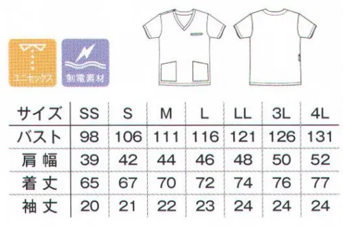 ボンマックス TB4502U ユニセックススクラブ 職種やフロア別に選べる豊富なカラー展開。品の良いシックなカラーと佇まいが、落ち着きと信頼感を演出します。機能とデザインをシンプルにまとめた汎用性の高さが魅力です。●着脱に便利な開きをプラス。リングスナッパー仕立てです。●首元がきれいに映える程よい深さのVネックです。●両脇には動きやすさをサポートするスリットを設けました。●左胸には耐久性の高い片玉縁ポケットが付いています。●大きめのアウトポケットを両脇に設けました。●ウエスト右側にはさまざまな用途に使用できるループを設けました。 サイズ／スペック