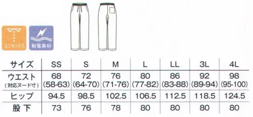 ボンマックス TP6802U ユニセックススクラブパンツ 気になる静電気を抑えて、さらりと履ける。制電素材で布が脚にまとわりつきにくく、さらりとして着心地の良いパンツです。こだわりのカラーバリエーションはどれも色あわせに優れ、トップスとのコーディネートも楽しめます。●ウエストゴム・コード仕立てで屈伸時もウエストがらくちんです。●両脇には物の出し入れがしやすい斜めポケット付きです。●内側にマチをつけ、脚捌きや肌あたりをよくしました。●右後ろのポケットは左下にまるみを持たせ、シルエットを穏やかに。ウエスト右側のループには、ネームやPHSを固定できます。 サイズ／スペック