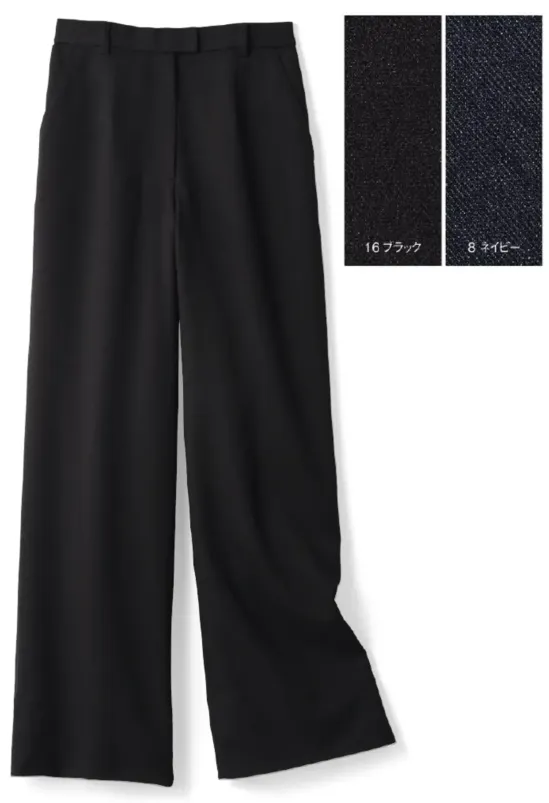 ボンオフィス AP6259 ワイドパンツ 【Timeless Bottom（タイムレス ボトム）】こんなの欲しかった！新・美脚パンツ必ず見つかるお似合いの3型デザイン共通ポイントPOINT1:アクティブに動けるストレッチ素材で、しゃがんだときも窮屈さがなく快適。POINT2:360度美脚見えをとことん追求した美尻シルエットで、後ろ姿まで抜かりなし。POINT3:股上を深めに設定して、トップスのハミ出しや下着のちら見えの悩みを解決。どんなシーンでも、誰にでも似合う永遠のスタンダードデザイン。どんなトップスにも合わせやすく、引き締まって見える定番カラー。動きに合わせて縦横に伸びる2WAYストレッチ素材。ストレスを感じないしなやかな伸縮性であらゆるシーンの動作に対応。★ワイドパンツ★好バランスを叶える絶妙なワイドシルエットで、トレンド感を演出。・ラインを損なわず、物の出し入れがスムーズな斜めポケット仕様で、美しさと機能性を兼ね備えました。・ウエストは後ろゴム仕様。箱ポケットで物の出し入れがしやすく、口の形状が型崩れしにくい仕様です。※この商品は股下フリーのため、着用するには丈詰めが必要です。
