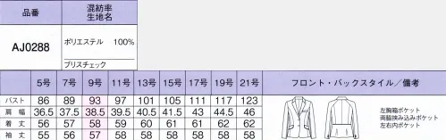 ボンオフィス AJ0288 ジャケット ジャケットの動きづらいを解消優しいニュアンスのミニチェック柄で、好印象を叶える「ブリスチェック」。ウールライクな高級感のある素材で、きちんと見え、誠実な印象を与えてくれます。上質なウールライク素材できちんと感をアピール軽量なストレッチ素材とデザインで動きやすさを追求。POINT1手を前にするデスクワークが快適POINT2スッキリ見えてきちんと感たっぷりPOINT3腕を上げる作業もラクラクトラッドテイストの細かなチェック柄を杢糸で表現し、優しいニュアンスに。上質感漂うウールライクな素材は適度なふくみがあり､着映えを叶えます。しなやかな風合いとストレッチ、軽量感で着心地も快適です。・後ろ身頃のパイピング＆ペプラムウエスト部分にはパイピングを入れ、腰位置を高く見せます。へプラムのかわいいデザインもアクセント・右内ポケットジャケットの内側にネームホルダー等が入れやすいポケットが付いています。・左内ポケットジャケットの左内側にメモ帳が入る深さのポケットが付いています。裏地に抗菌防臭加工POLYGIENESTAYERESHを採用。ポリジン社(スウェーデン)が開発した銀イオンによる抗菌防臭加工「ポリジン・ステイフレッシュ」。汗のニオイや部屋干し臭の原因となる菌の成長を抑制し、ニオイの発生を防ぎます。また、ご家庭での洗濯回数の減少が期待でき、水資源やエネルギー消費を抑えて、衣類が長持ちするためゴミ削減にもつながります。 サイズ／スペック