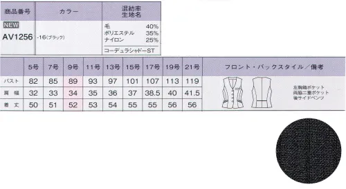 ボンオフィス AV1256 ベスト 世界初！女性のオフィスウェアにコーデュラファブリックが登場！『毎日着る服だからこそ、美しく快適に着てもらいたい。』そんな思いから、ボンマックスがインビスタ社とコラボして開発した最高級素材「コーデュラファブリック」。強さ（耐性）だけでなく、しなやかさや美しさも兼ね備え、全ての働く女性の、常識を変えるオフィスウェアが誕生しました！●組織変化によるストライプの陰影が高級感とカッコよさを生む。●光の当たり方で見え方が変化する魅惑的な柄感が、深みのあるブラックをさらにおしゃれに演出。●脱いだ時もおしゃれなカラー裏地。●最高級ウールのしなやかで美しい質感、保温性・吸放湿性。●PTT繊維ソロテックスのソフトな風合いとしなやかな伸縮性。●超極細ポリエステルによるソフトで高級感のある手触り。●導電性繊維が不快なパチパチ感やほこり付きを防止。●通常ナイロンの7倍の摩耗強度・引き裂き・引っ張り強度のコーデュラを採用。●家庭洗濯（手洗い）可能『強く、しなやかで、美しい。』コーデュラファブリックのココがすごい！！POINT1【驚きの耐久性】通常のナイロンの7倍もの強度を持つコーデュラは、摩耗、引き裂き、擦り切れに強いのが特長です。お仕事で忙しい毎日、着ている服の前端やポケット端、袖口などが毛羽立ったり擦り切れてしまったりなんていう経験がある方も多いはず。そんな不快な思いも、このコーデュラファブリックなら解決してくれるのです。POINT2【軽量でしなやか】耐久性が高い素材というと、丈夫さと引き換えに分厚くゴワゴワとした着心地というイメージを持たれる方も多いはず。しかし、コーデュラは耐久性が高いだけでなく、柔軟性も備えた軽さも特長です。長時間の着用でもストレスが無く、快適な着心地です。繊維自体が細いため、生地が分厚くならず、すっきりとしたシルエットも叶えます。POINTO3【最旬ファブリック】しなやかな強靭性を持つコーデュラに、ポリエステルとウールを混紡させ織上げました。美しい表情と、滑らかな手触りが魅力の最高級織物です。ダークカラーをベースに洗練された「ドット」「シャドーストライプ」「カラーストライプ」の3種類を取り揃えました。好みや職種に合わせて最適なものをお選びください。さらにこんな機能も満載「SOLOTEX」ソフトな風合いとしなやかな伸縮性が特長のPTT繊維。バネのようならせん状の分子構造により、シワになりにくく、形崩れを防ぎ美しいシルエットを保ちます。※「ソロテックス」は、帝人フロンティア（株）の素材です。「トレビラマイクロ」ドイツメーカーの高級機能素材。超極細の繊維が、スーパーファインウールのようにソフトで高級感のある手触りを実現します。優れた通気性が快適で、毛玉になりにくくホームケアも楽です。「導電性繊維」繊維内に電気を通す導電性繊維が、空気中に電気を逃がし不快なパチパチ感やまとわりつきを防ぎます。また、ホコリの吸い付きを軽減。汚れが目立ちやすい色でも安心です。 サイズ／スペック