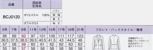 ボンオフィス BCJ0120-B ジャケット　17号～19号 働く女性は美しい。コンシェルジュやアドバイザー、プランナーなど、多様化するオフィス系接客業に向けて、ベーシックだけど新しさを打ち出したシリーズを新提案。フォーマルなデザインと上質な素材感で、洗練された雰囲気を演出します。■裏地に抗菌防臭加工「ポリジン・バイオスタティック」を採用！ポリジン社（スウェーデン）が開発した銀イオン（Ag+）による抗菌防臭加工「ポリジン・バイオスタティック」。汗のニオイや部屋干し臭の原因となる菌の成長を抑制し、ニオイの発生を防ぎます。有効成分である塩化銀は環境にもやさしく無香料なので、周りの人にも安心＆安全です。■形状特長・後ろ身頃のサイドベンツ＆パイピング裾に入ったベンツが腰まわりにゆとりを持たせ、ウエストのパイピングが腰位置を高く見せます。・左右内ポケット右内側はネームホルダーが入れやすく、左内側はメモ帳が入る大きさのポケットが付いています。 サイズ／スペック