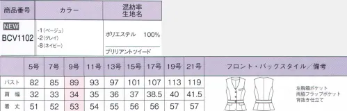 ボンオフィス BCV1102 ベスト 凛とした表情を引き立てるシックなカラーや、女性らしいフォルムを作り出す絶妙なカッティング。デザイン面はもちろん、ワークシーンをより快適に過ごせるよう、機能面も重視しました。お客様のサポート役とし、信頼感を与えられるユニフォームをご提案いたします。光沢糸の輝きが爽やかなサマーツイード素材のレディススーツ。ウエストに入ったパイピングでスタイルアップも期待できます。 サイズ／スペック