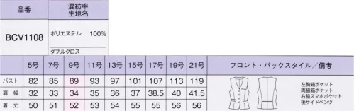 ボンオフィス BCV1108-C ベスト　21号 働く女性は美しい。コンシェルジュやアドバイザー、プランナーなど、多様化するオフィス系接客業に向けて、ベーシックだけど新しさを打ち出したシリーズを新提案。フォーマルなデザインと上質な素材感で、洗練された雰囲気を演出します。■裏地に抗菌防臭加工「ポリジン・バイオスタティック」を採用！ポリジン社（スウェーデン）が開発した銀イオン（Ag+）による抗菌防臭加工「ポリジン・バイオスタティック」。汗のニオイや部屋干し臭の原因となる菌の成長を抑制し、ニオイの発生を防ぎます。有効成分である塩化銀は環境にもやさしく無香料なので、周りの人にも安心＆安全です。■形状特長・後ろ身頃のサイドベンツ＆パイピング裾に入ったベンツが腰まわりにゆとりを持たせ、ウエストのパイピングが腰位置を高く見せます。・スマホポケット右側にはスマホが入る深さのポケットが付いています。 サイズ／スペック