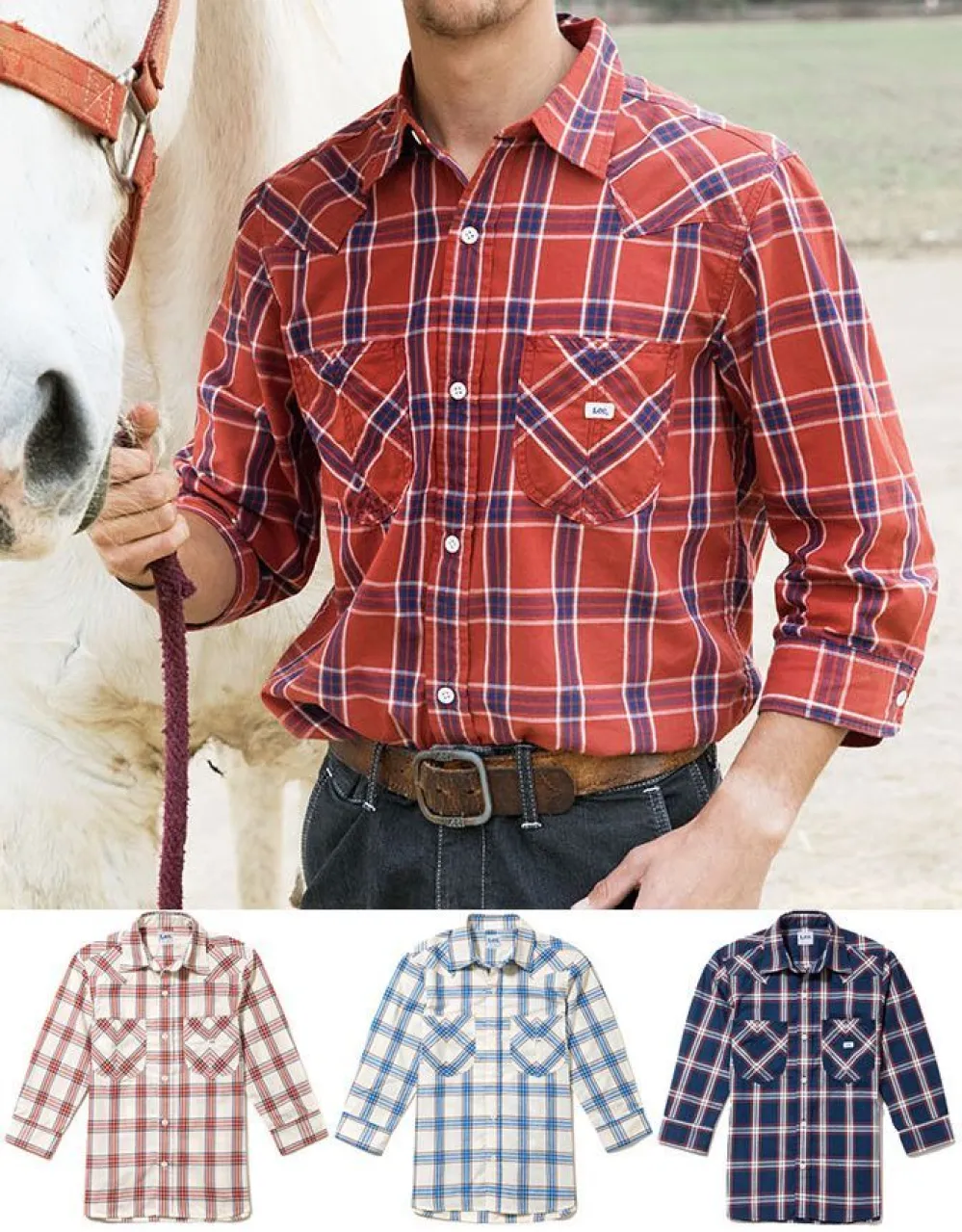 Lee リー メンズウエスタンチェック七分袖シャツ LCS46007  サービス ワークウェア メンズウエスタンチェック七分袖シャツ Lee LCS46007 カフェ
